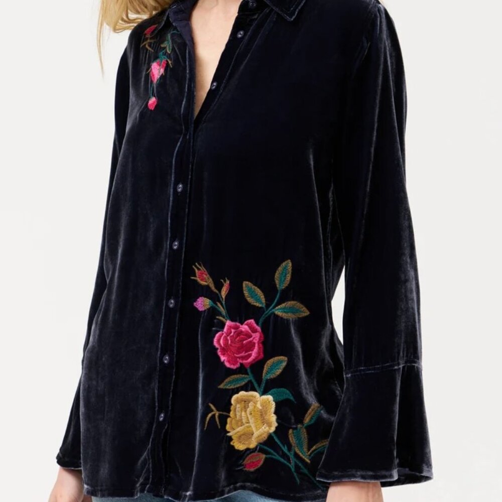 JOHNNY WAS ROSILIA FLOUNCE SLEEVE VELVET SHIRT - XS